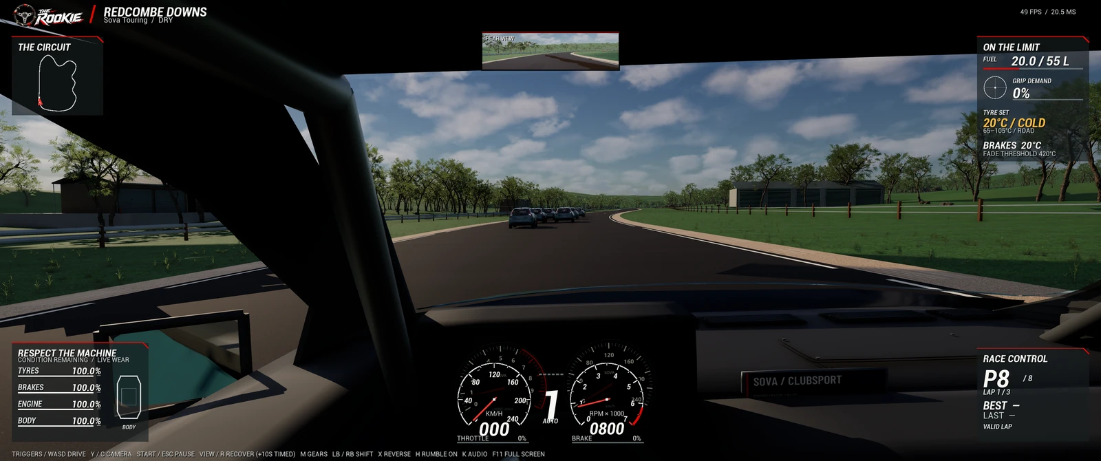 Native development build 0.3.9: the Sova cockpit on the Redcombe Downs grid, with seven rivals, rear-view display and live driving instruments.